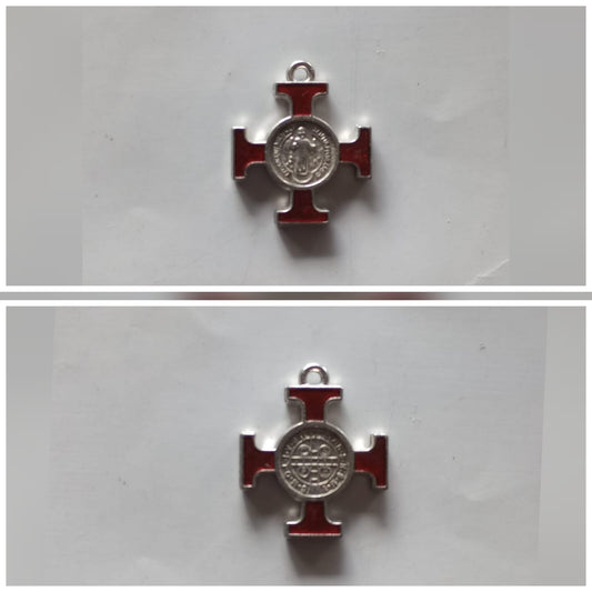 Jerusalem Cross with St.Benedict's Medal [Pendant/Ornament] [Red Inlay][1.9x1.9cm]